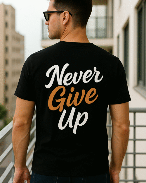 Men's Back Print T-shirt | "Never Give Up" Slogan Tee