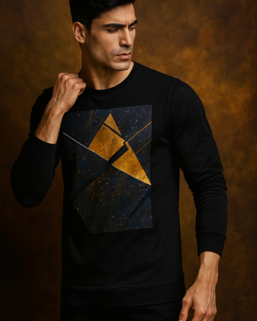 Men's Abstract Geometric Sweatshirt | Black & Gold Artistic Graphic Tee