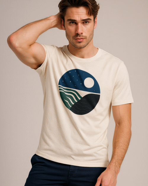 Men's Minimalist Moon T-shirt | Abstract Starry Night & Mountain Graphic Tee