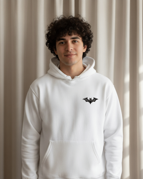 Unisex Minimalist White Bat Logo Hoodie - Stealth Superhero Streetwear Merch