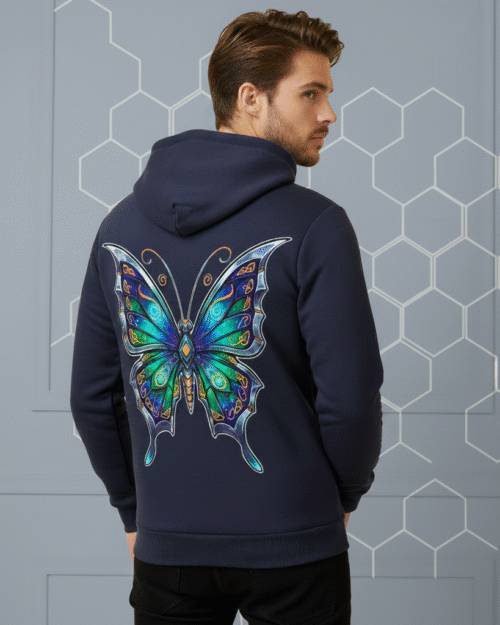 Men's Navy Blue Hoodie with Viral Celtic Butterfly Back Print - Premium Streetwear