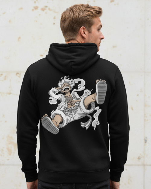 Men's Black Anime Gear 5 Back-Print Hoodie - Viral Manga Fan Merch Streetwear