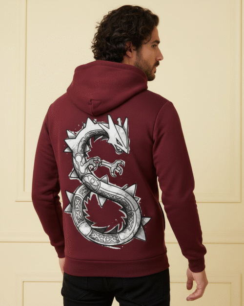 Men's Premium Burgundy Hoodie with Epic Silver Dragon Back Print - Fantasy Gaming Streetwear