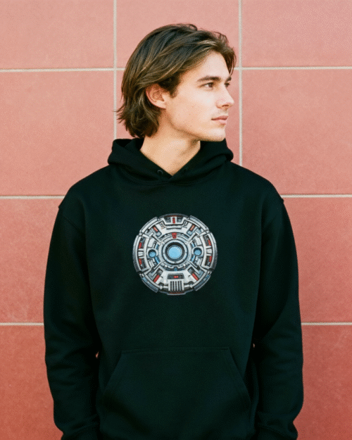 Men's Black Arc Reactor Graphic Hoodie - Iconic Hero Merch & Sci-Fi Streetwear