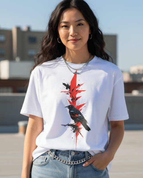 White “Raven Abstract Art” Graphic T-Shirt – Edgy Streetwear Tee with Red and Black Design