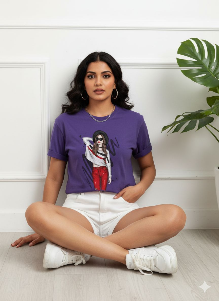 Purple Fashionista Graphic T-Shirt | Chic Illustrated Girl Tee