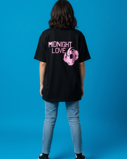 Black “Midnight Love” Graphic T-Shirt – Pink Print Oversized Streetwear Tee for Men & Women