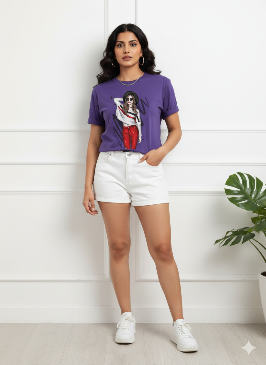 Purple Fashionista Graphic T-Shirt | Chic Illustrated Girl Tee - Image 3