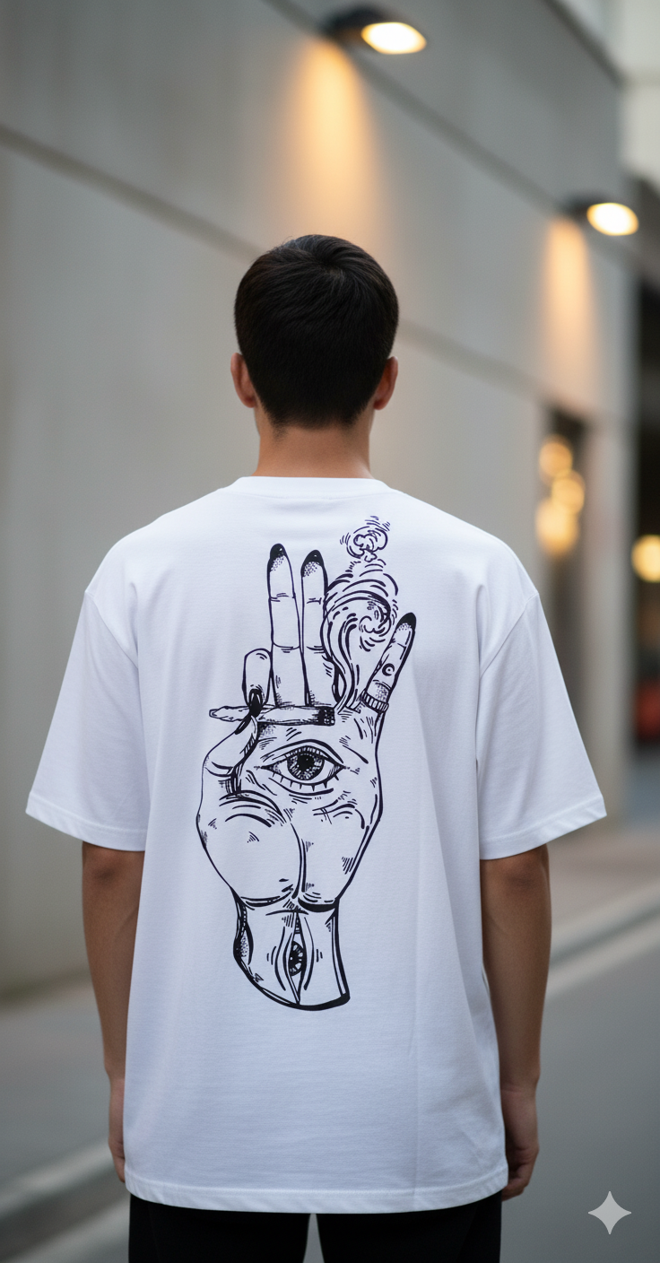 Black Oversized Tee with Surreal Hand Eye Graphic – Trippy Smoking Hand Design | Unisex Streetwear T-Shirt