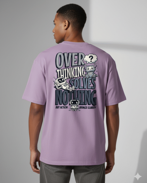 Lavender Oversized Graphic Tee – “Overthinking Solves Nothing” Motivational T-Shirt with Robot Design | Unisex Streetwear