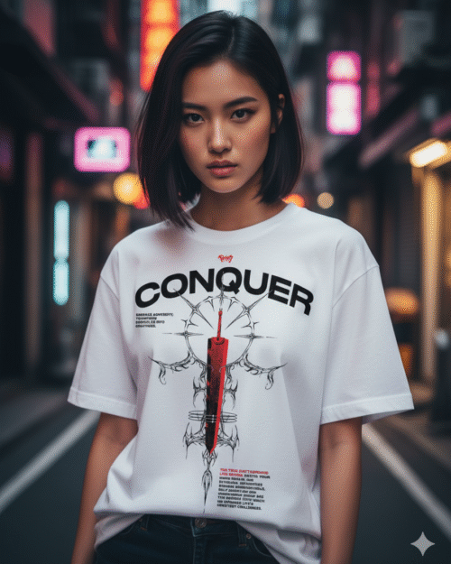 White “CONQUER” Graphic T-Shirt – Motivational Streetwear Tee with Bold Red Design