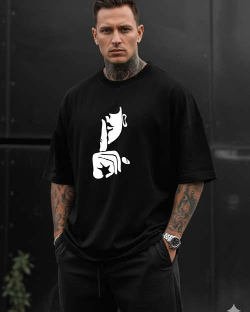 Men’s Oversized Black Graphic T-Shirt – “Silence” Design | 100% Terry Cotton 240 GSM | Premium Streetwear Tee