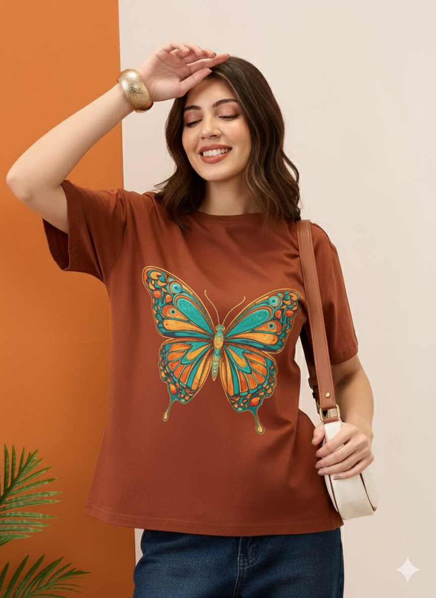 Terracotta Butterfly Graphic T-Shirt | Boho Earth Tone Oversized Tee
