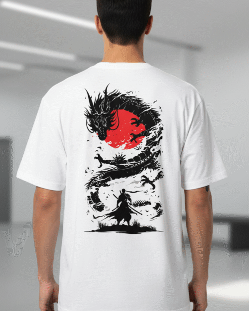White “Samurai and Dragon” Graphic T-Shirt – Japanese Art Streetwear Tee with Red Sun Design