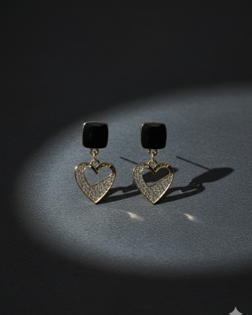 Black Square Stud & Pave Heart Dangle Earrings – Gold Statement Jewellery