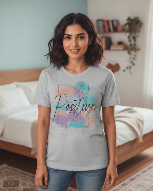 Heather Grey "Positive Mind" Watercolor T-Shirt | Boho Motivational Tee
