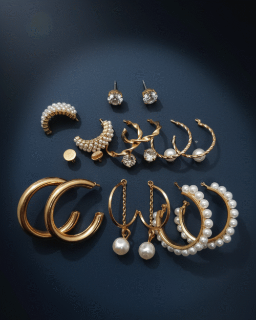 Elegant Gold Crescent Hoop Earrings with Pave Crystals and Double Pearl Accents