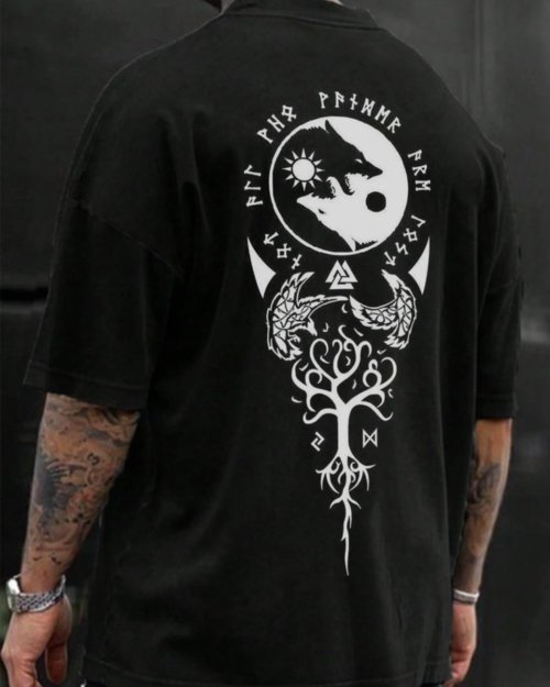 Black Oversized Viking Wolf T-Shirt – Norse Mythology Rune Graphic Tee for Men & Women | Nordic Streetwear